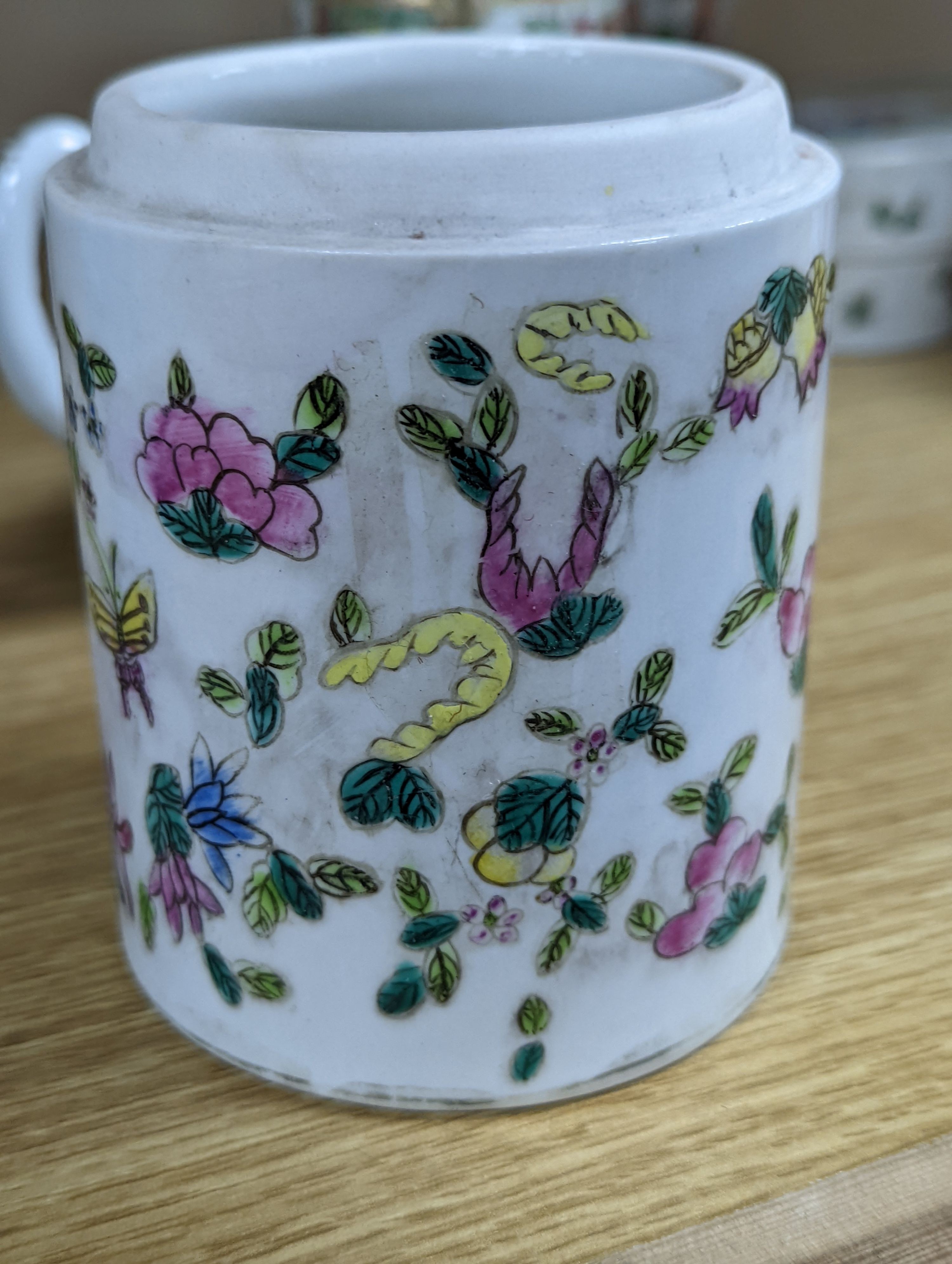 A group of Chinese famille rose vases and jars, a box and cover and a teapot, 19th/20th century, Pair of vases 13 cms high.